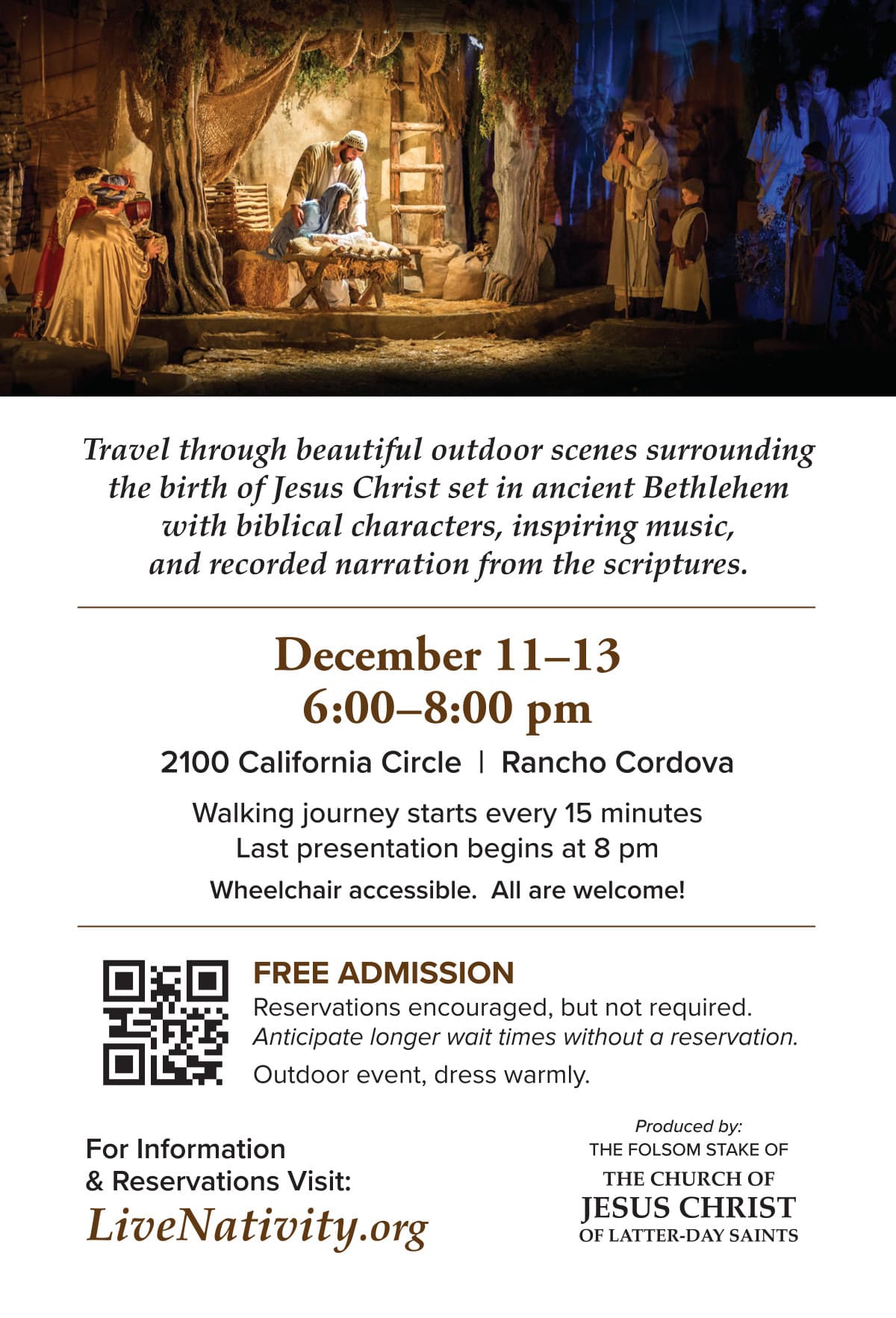 Live Nativity invitation card with the logo, location, and dates.