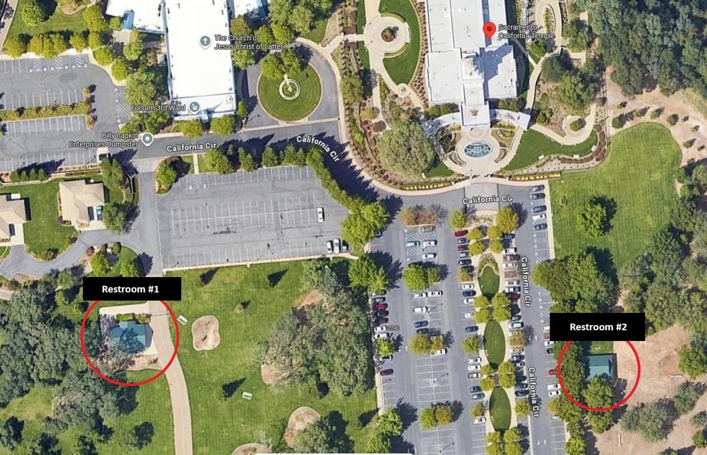 Map of Temple Hill showing the two outdoor restroom locations near the Live Nativity route.